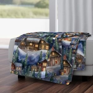 Large Christmas Christmas Rustic Village Winter Cabins Watercolor Home Decor Collection Home Styling Collection christmas village throw blanket design