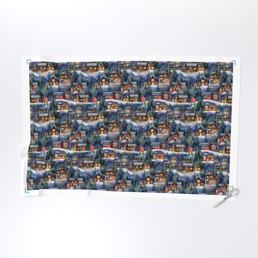 Small Christmas Christmas Rustic Village Winter Cabins Watercolor Fabric christmas cabins fabric