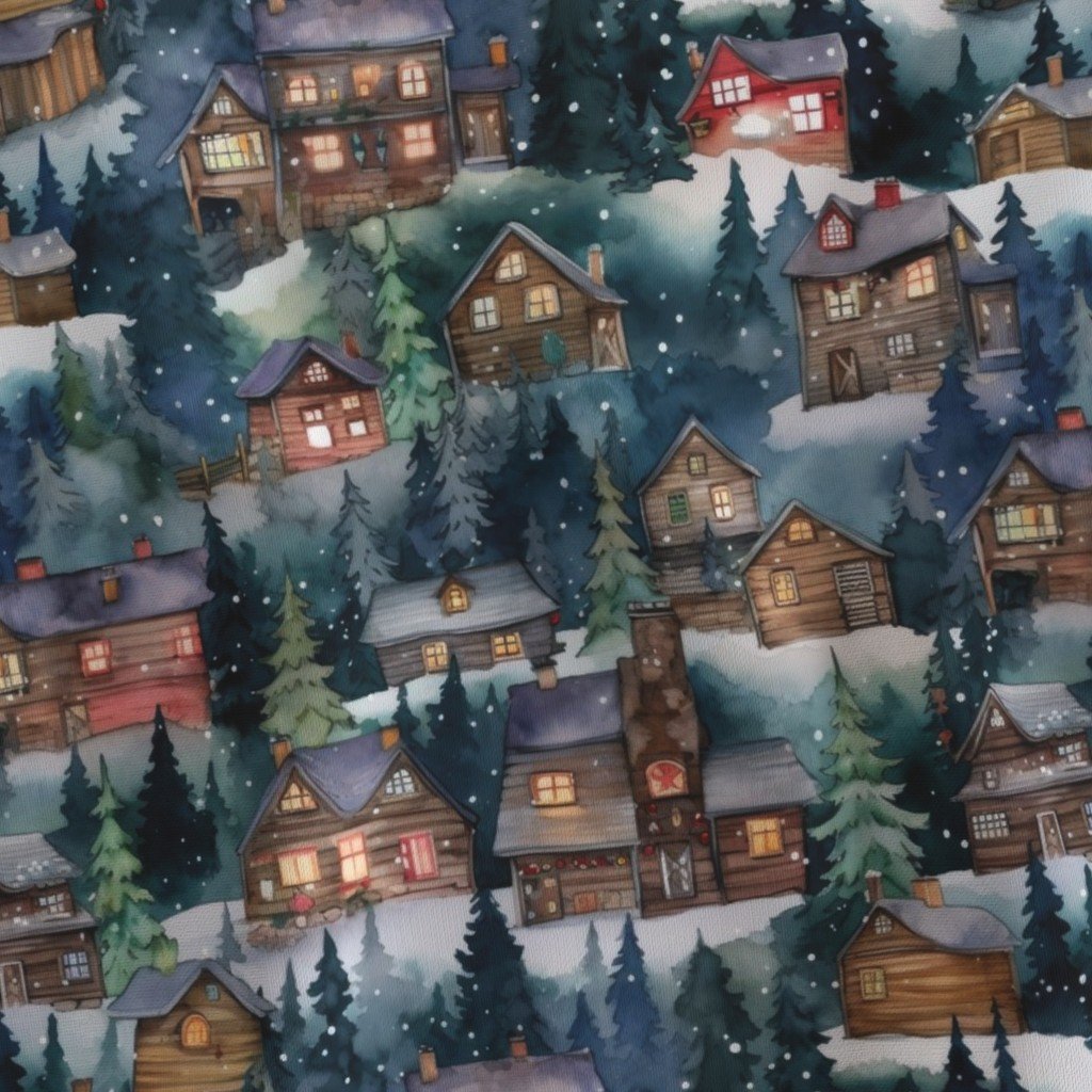 Small Christmas Christmas Rugged Country Winter Cabins Watercolor Fabric christmas village fabric