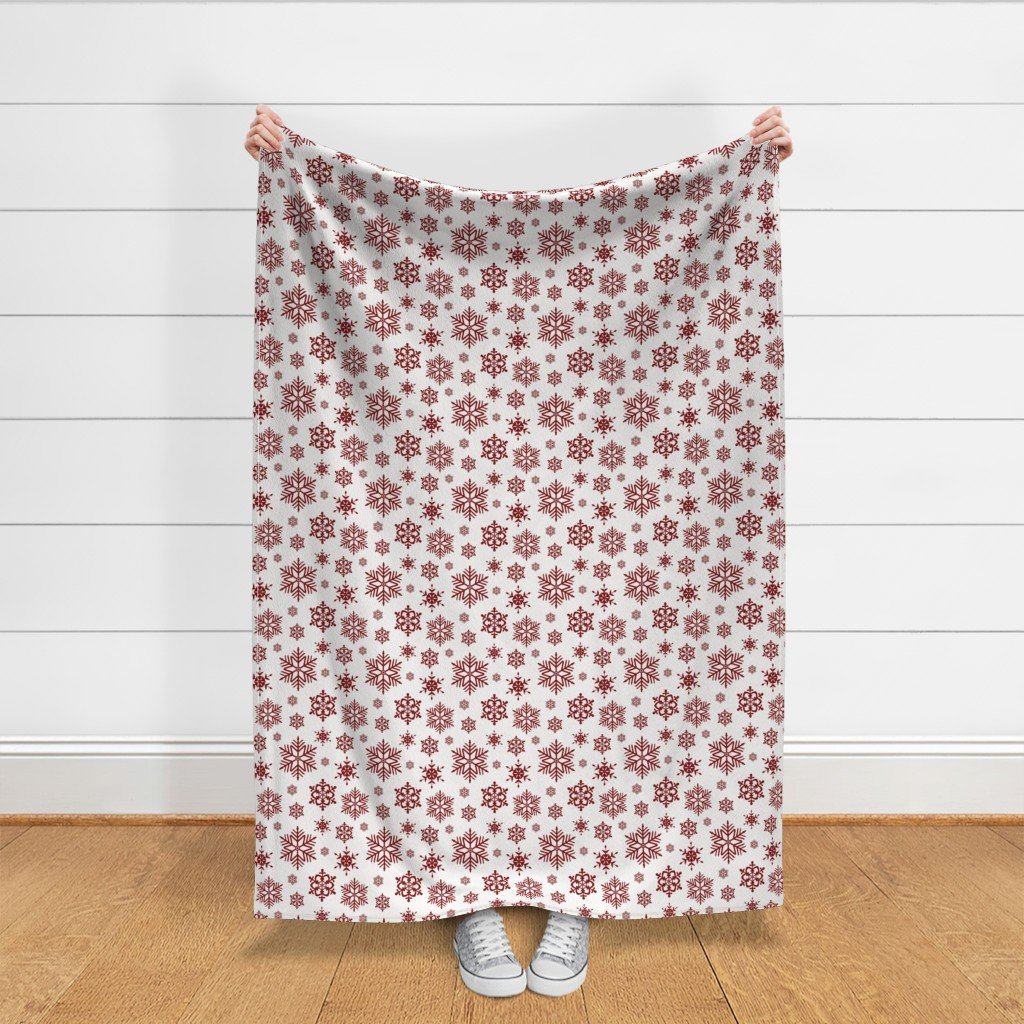 Large Dark Christmas Candy Apple Red Snowflakes on White Fabric red crystals fabric