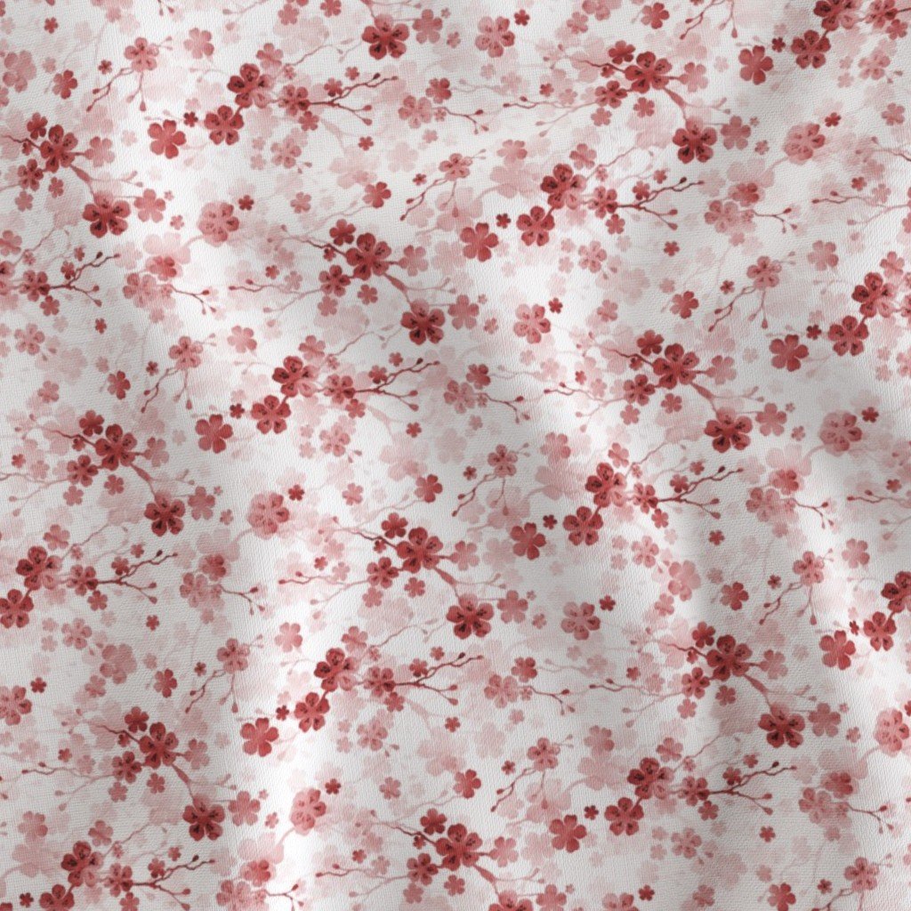 Bright Red Pastel Watercolor Cherry Blossom Flowers and Vines Fabric cherry blossom fabric