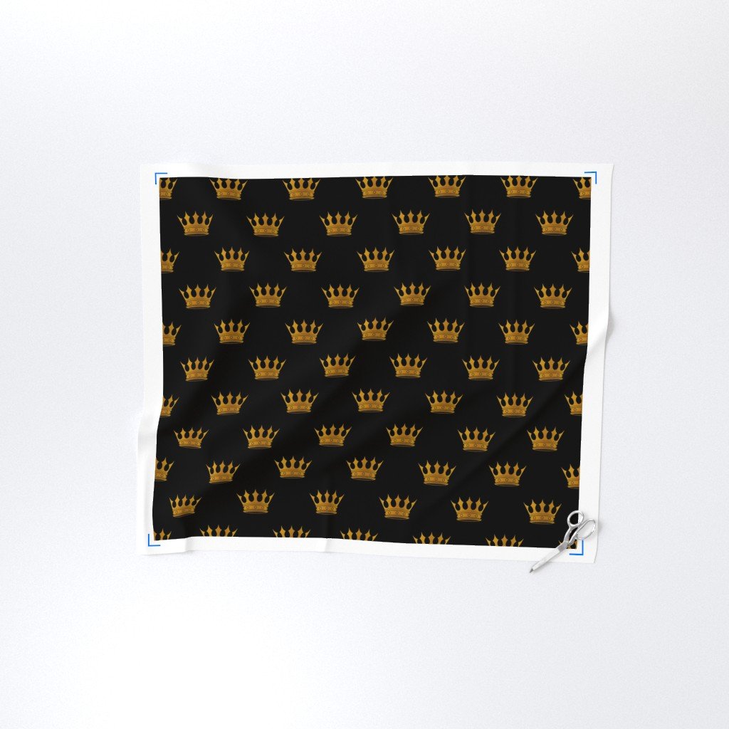 Midnight Black Faux Metallic Gold Crowns Fabric faux metallic fabric