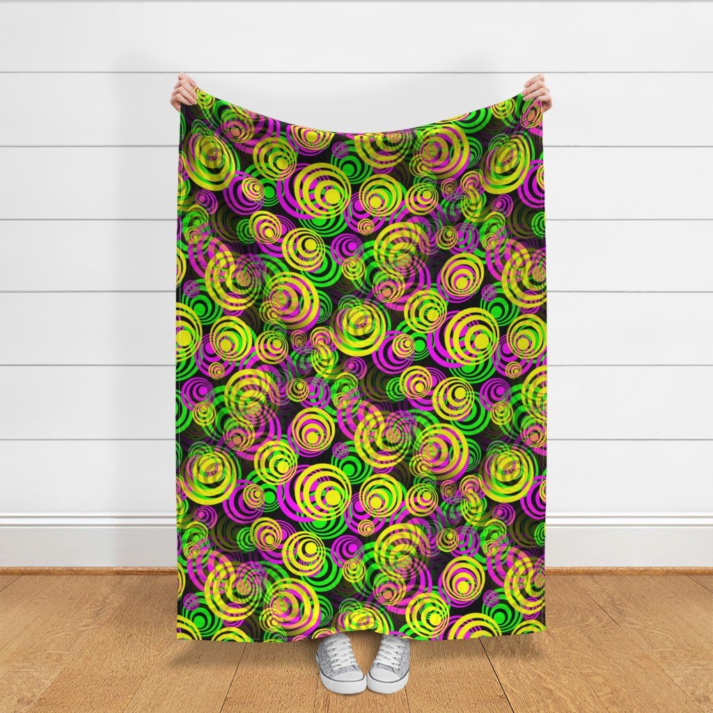 Bright Yellow Pink and Green 70s Hippy Circles Fabric disco pattern fabric