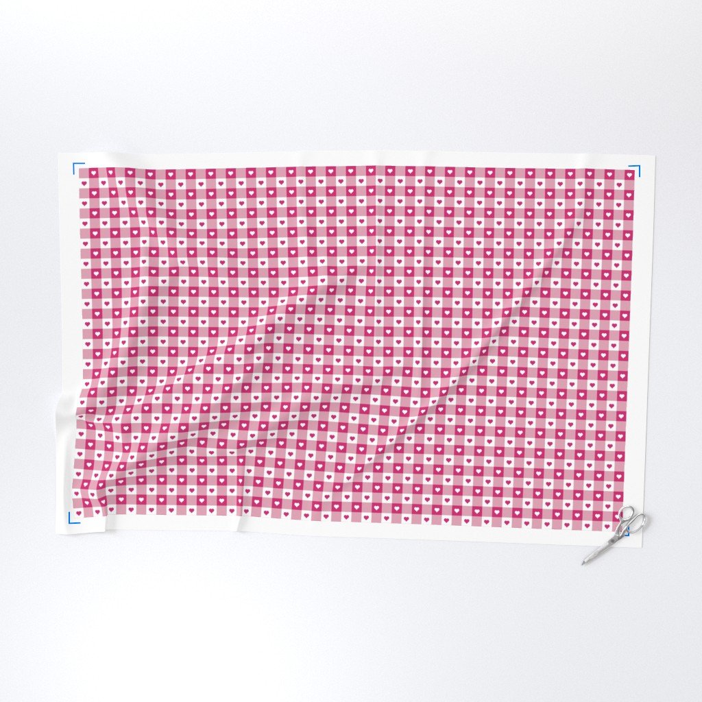 Bubble Gum and White Gingham Valentines Check with Center Heart Fabric gingham tablecloth fabric