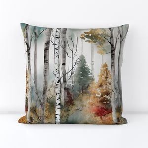 Endless Birch Tree Dreamscape Trees in Misty Forest Watercolor Home Decor Collection Home Styling Collection misty forest throw pillow design