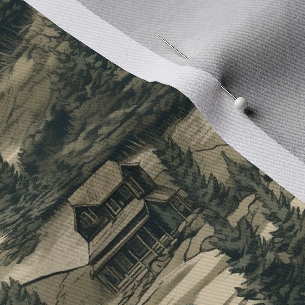 Montana Treescape Evergreens with Cabins Fabric montana forest fabric