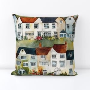 English Village Houses in Watercolor Home Styling Collection Home Decor Collection watercolor houses throw pillow design