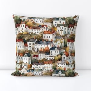 Small English Town Houses in Watercolor Decor Collection Home Styling Collection houses and trees throw pillow design