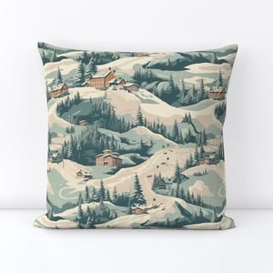 Small Vintage Ski Slope Cabins in Woods Blue Interior Collection Home Styling Collection skiing vintage ski throw pillow design
