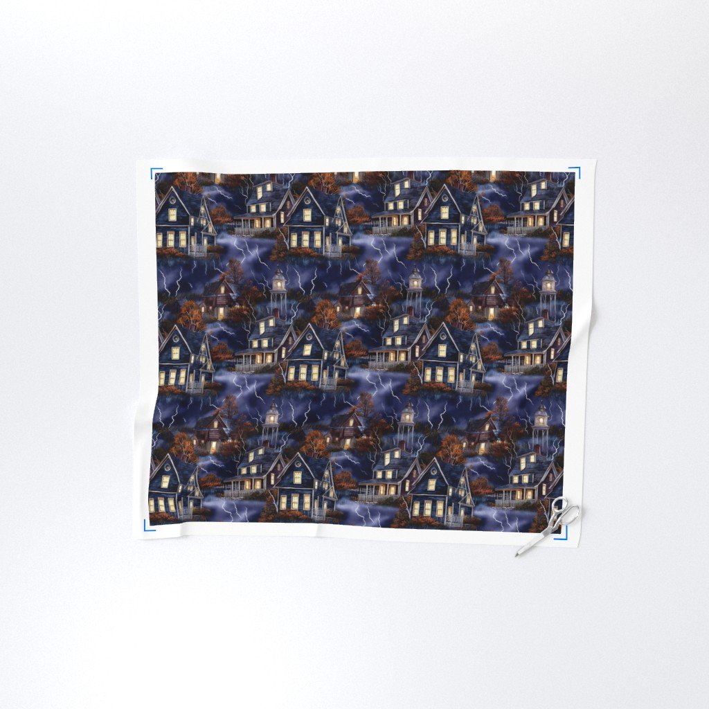 New England Haunted Village at Night with Lightning Storm Fabric lightning storm fabric