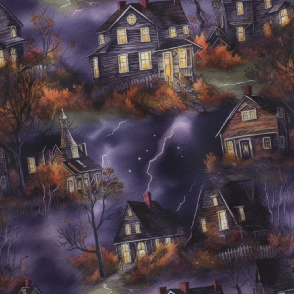 New England Haunted Village at Night with Purple Spooky Lightning Fabric lightning storm fabric