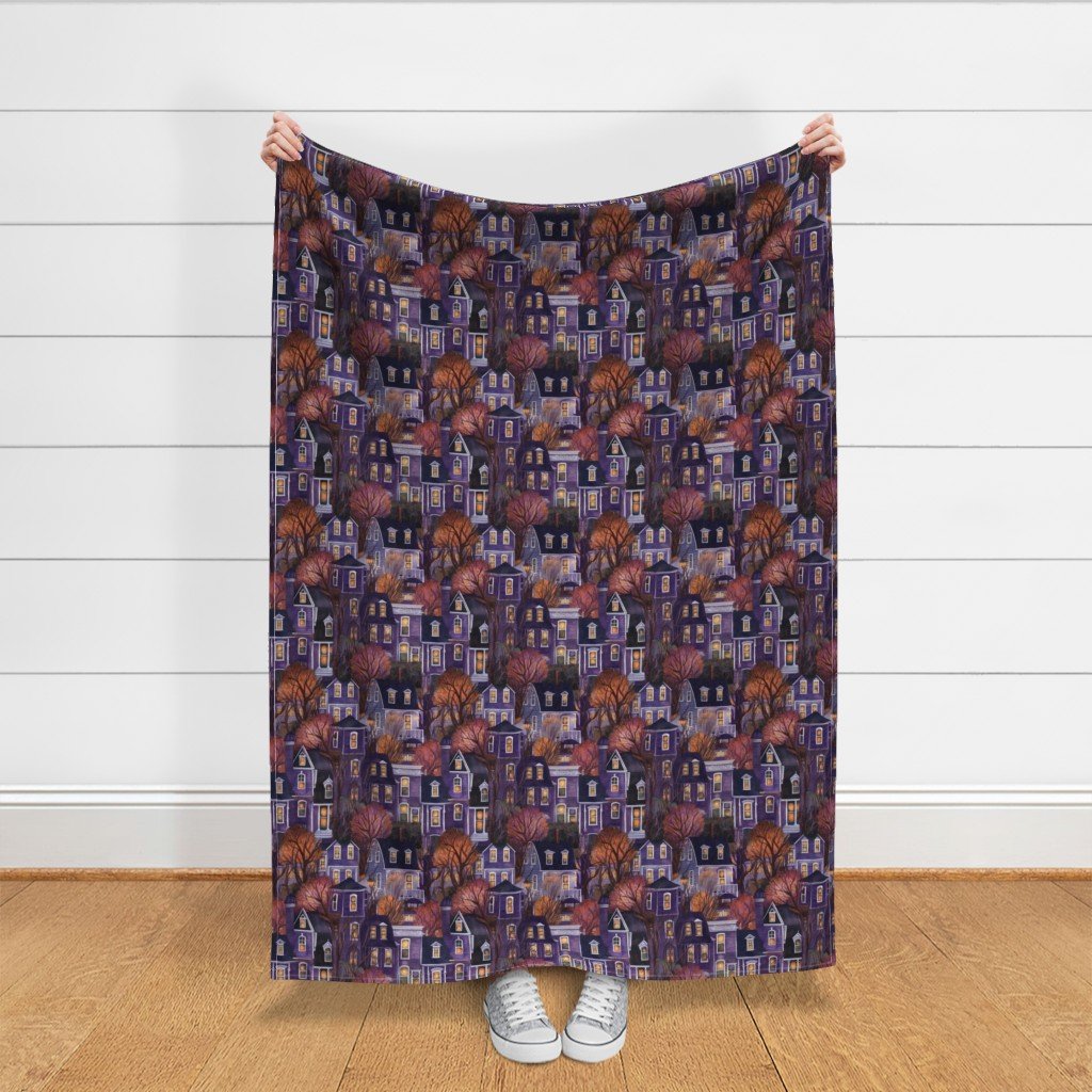 Bright Purple Haunted New England Village Watercolor Fabric haunted village fabric