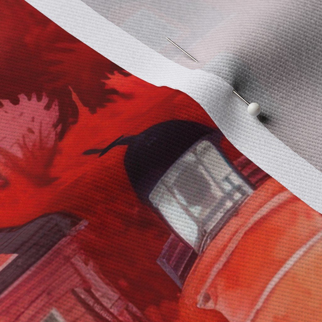 Bright Red Haunted New England Village Watercolor with Lighthouse Fabric haunted village fabric