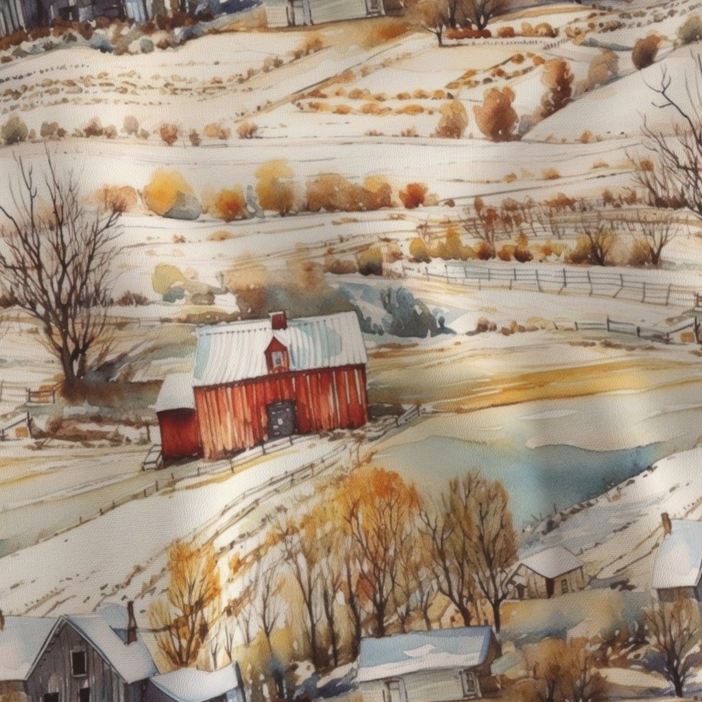 Winter Snowy Farm Landscape Watercolor Fabric farm houses fabric