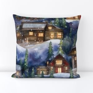 Large Christmas Christmas Rustic Village Winter Cabins Watercolor Home Decor Collection Home Styling Collection rustic cabins throw pillow design