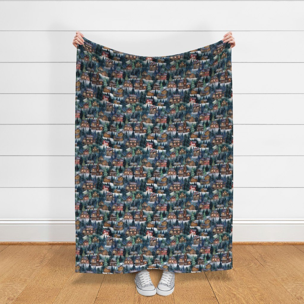 Small Christmas Christmas Rugged Country Winter Cabins Watercolor Fabric rugged cabins fabric