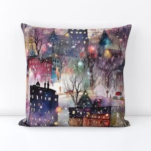 Large New York City Christmas Street Watercolor Home Styling Collection Home Styling Collection christmas lights throw pillow design