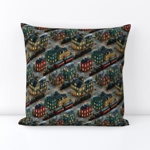 Small Isometric Snowy Christmas Village with Festive Trains and Townhouses Decor Collection Home Decor Collection festive throw pillow design