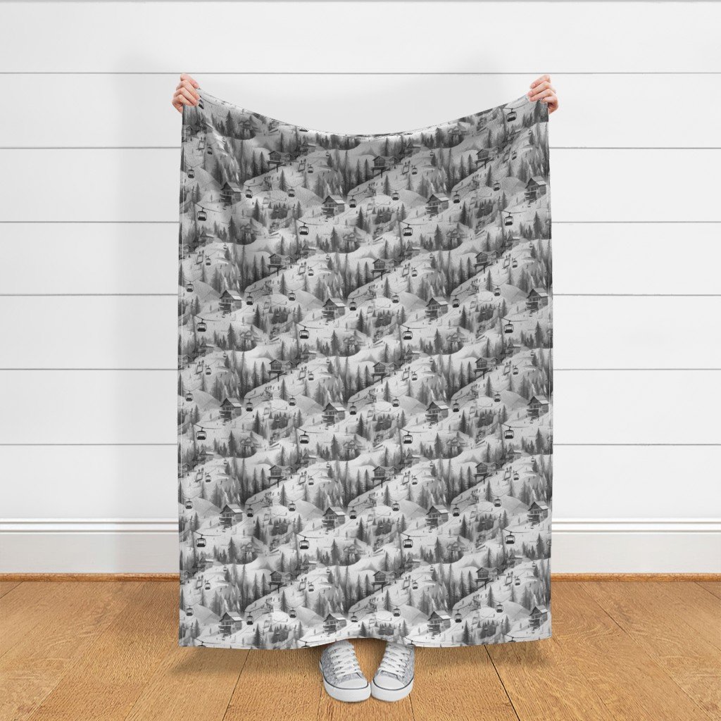 Vintage Ski Slope Cabins in Black and White Fabric black and white fabric
