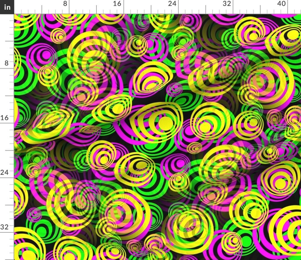 Bright Yellow Pink and Green 70s Hippy Circles Fabric design