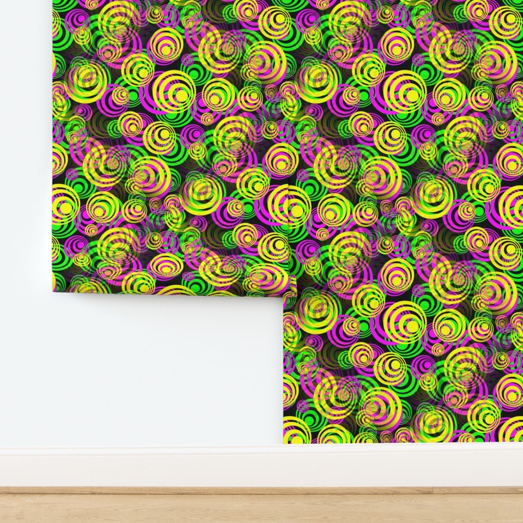Bright Yellow Pink and Green 70s Hippy Circles Wallpaper design
