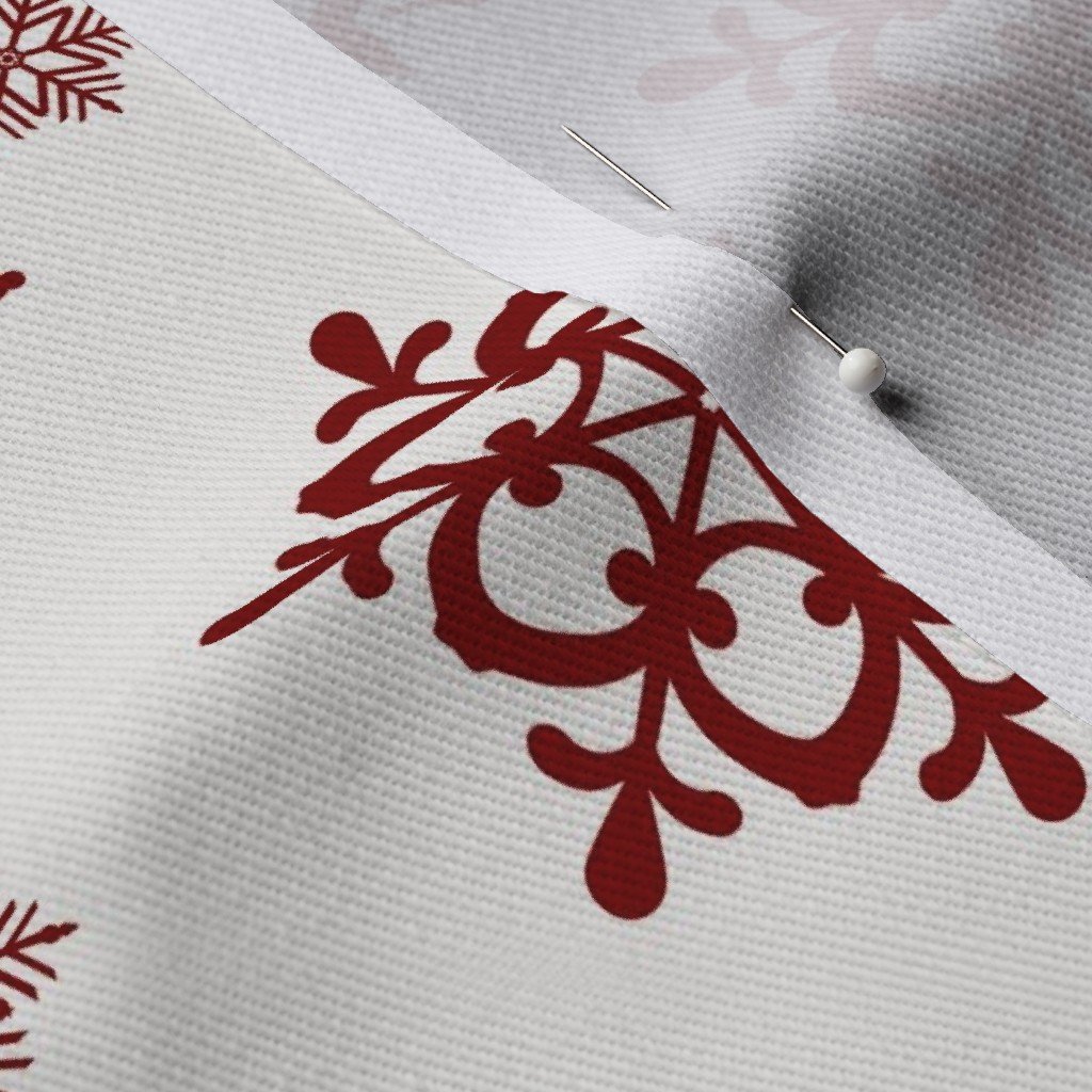 Large Dark Christmas Candy Apple Red Snowflakes on White Fabric red snowflakes fabric