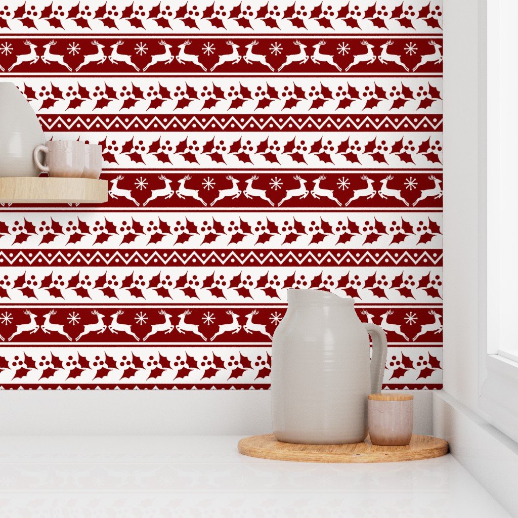 Large Dark Christmas Candy Apple Red Nordic Reindeer Stripe in White Design Collection Home Styling Collection nordic knit wallpaper
