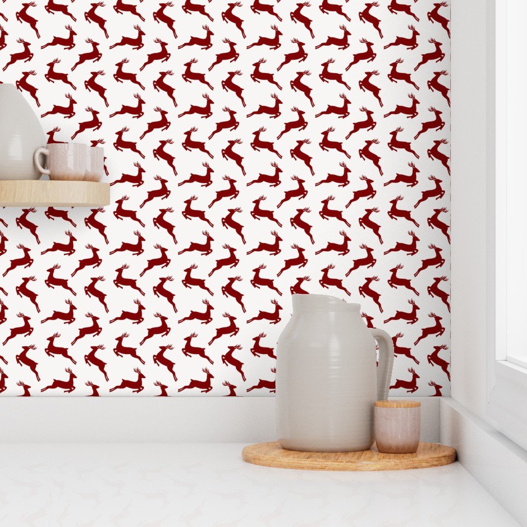 Large Dark Christmas Candy Apple Red Leaping Reindeer on White Interior Collection Decor Collection jumping deer wallpaper
