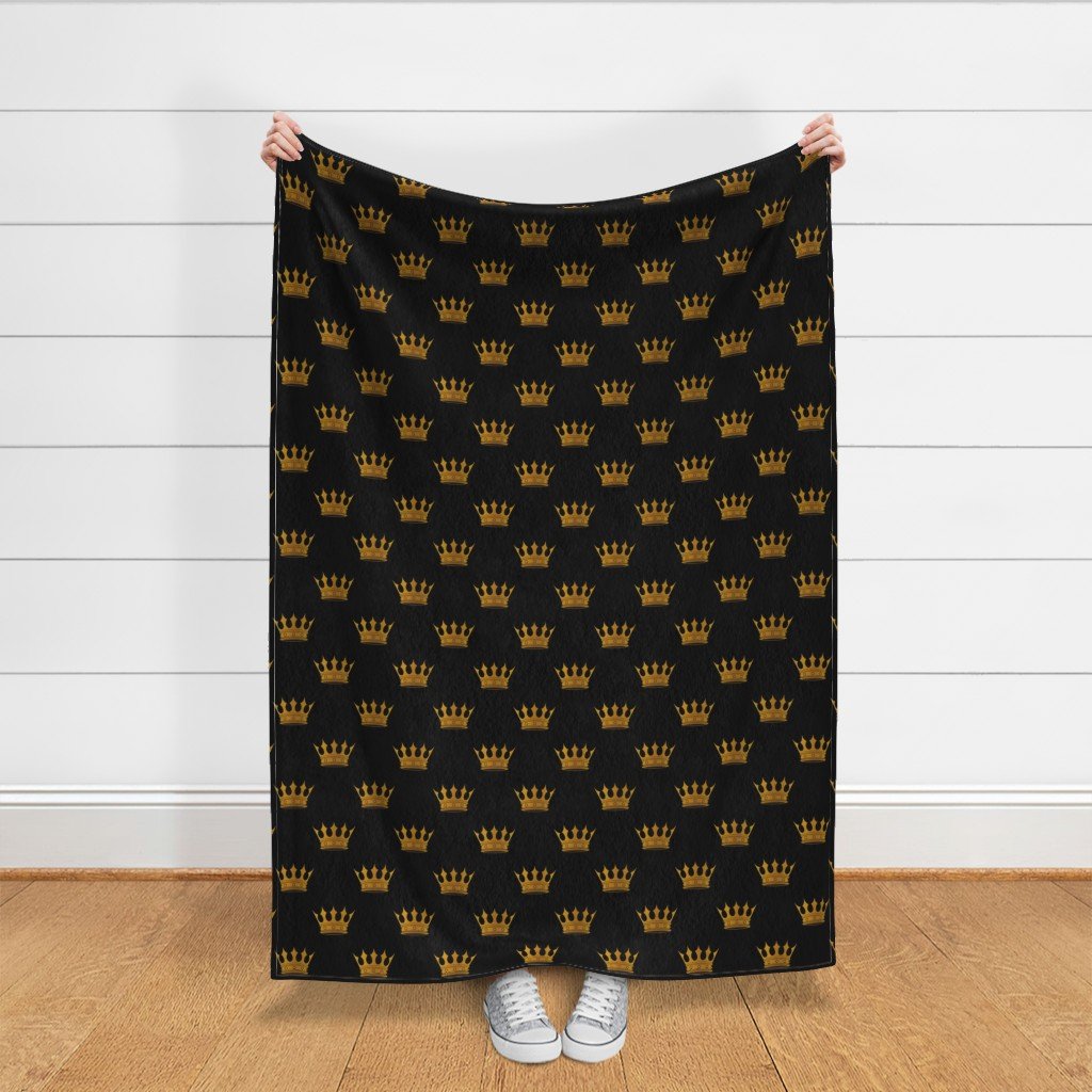 Midnight Black Faux Metallic Gold Crowns Fabric gold crown fabric
