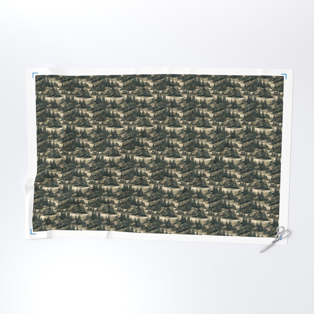 Montana Treescape Evergreens with Cabins Fabric montana trees fabric