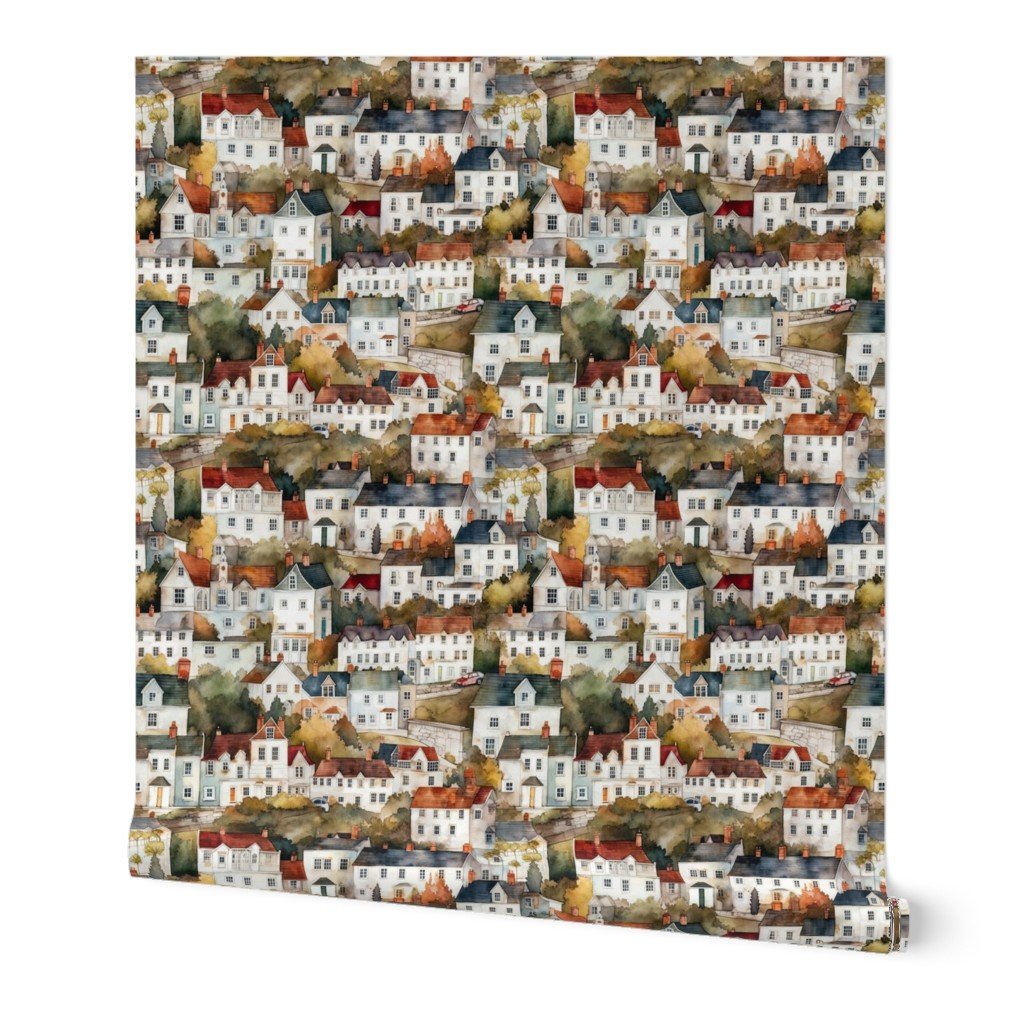 Small English Town Houses in Watercolor Decor Collection Home Styling Collection english cottages wallpaper