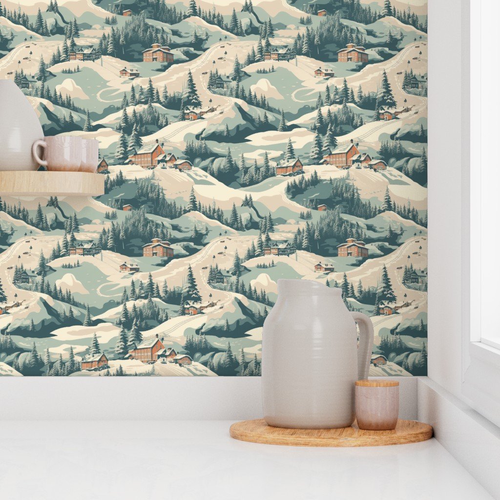 Small Vintage Ski Slope Cabins in Woods Blue Interior Collection Home Styling Collection ski print wallpaper