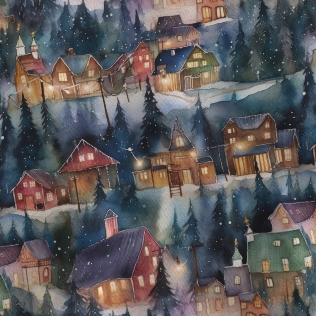 Montana Christmas at Midnight Street Watercolor Fabric city houses fabric