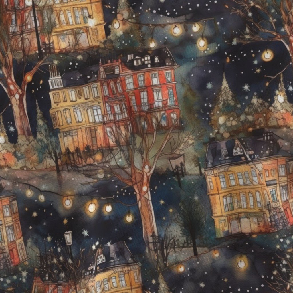 London City Christmas at Midnight Street Watercolor Fabric christmas town fabric