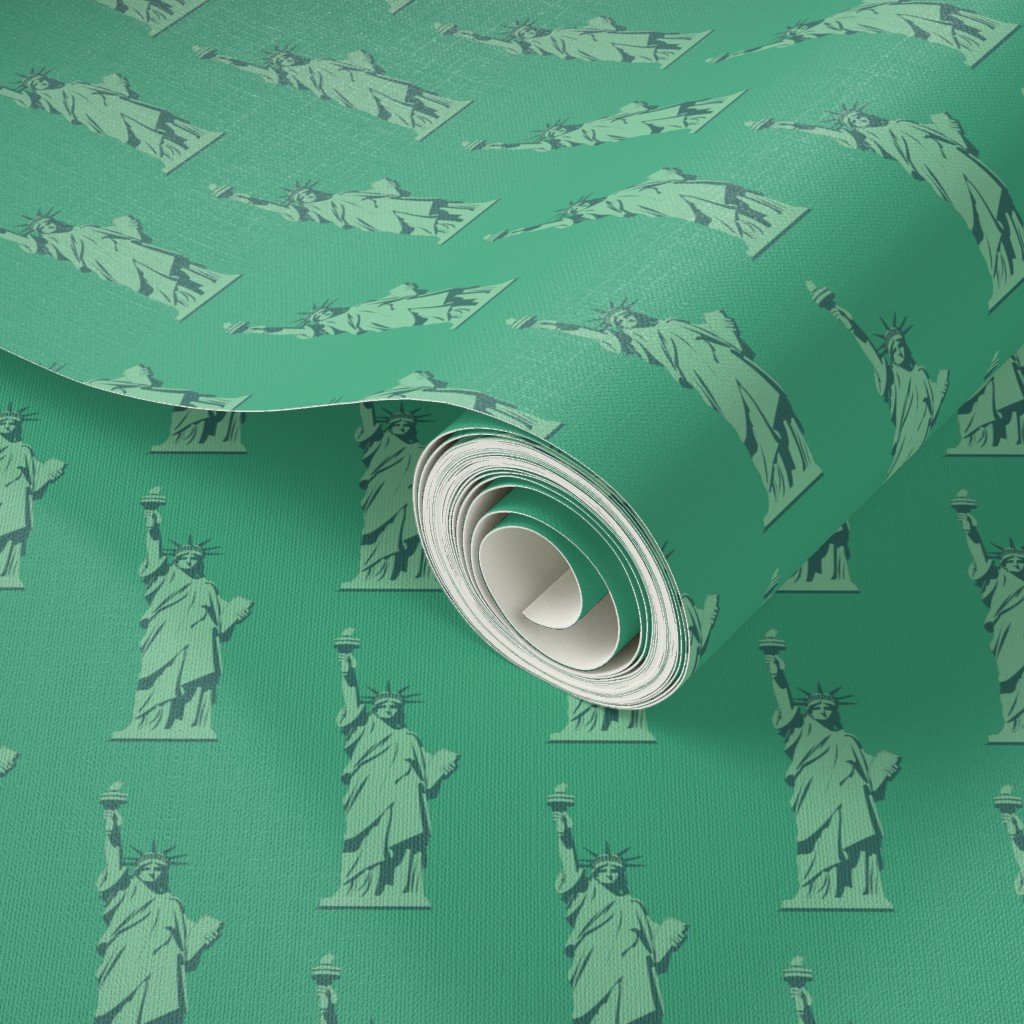 Mini Lady Liberty Statues Repeat in Beguiling Green Decor Collection Home Styling Collection beguiling green wallpaper