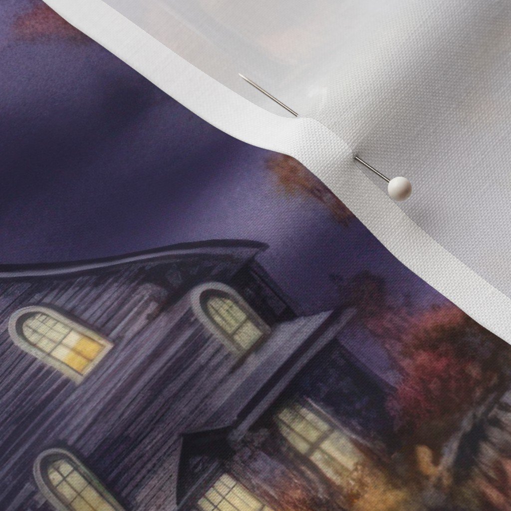 New England Haunted Village at Night with Purple Spooky Lightning Fabric misty night fabric