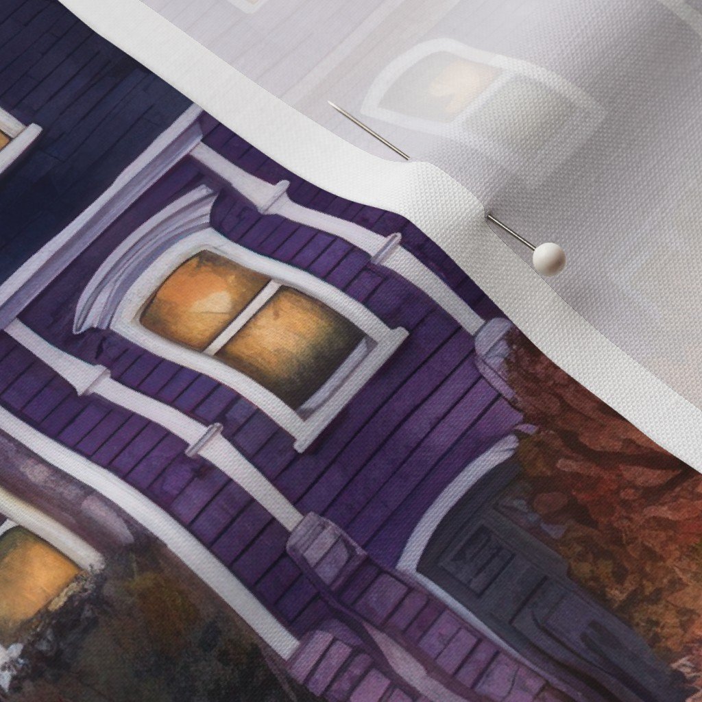 Bright Purple Haunted New England Village Watercolor Fabric misty night fabric