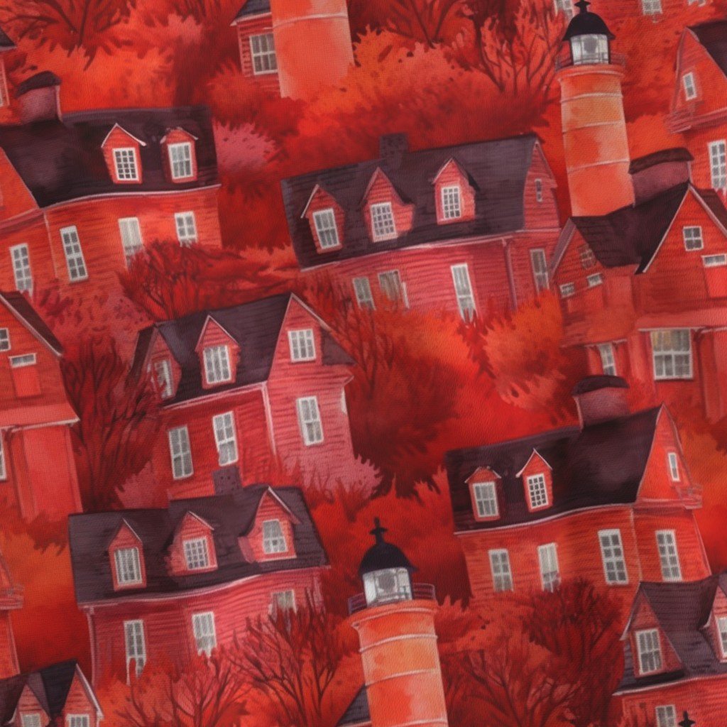 Bright Red Haunted New England Village Watercolor with Lighthouse Fabric misty night fabric
