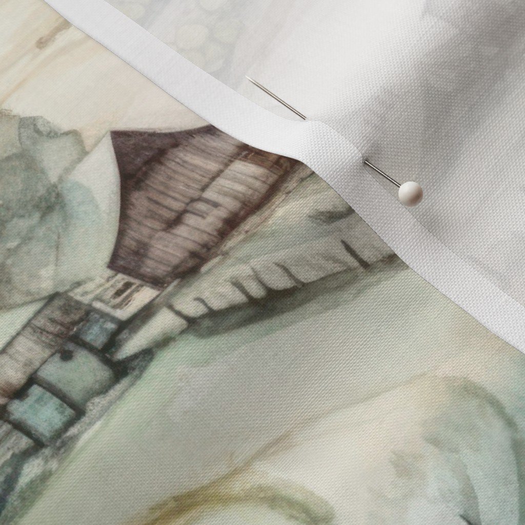 Winter Snowy Farm Landscape Watercolor Fabric snowy fields fabric
