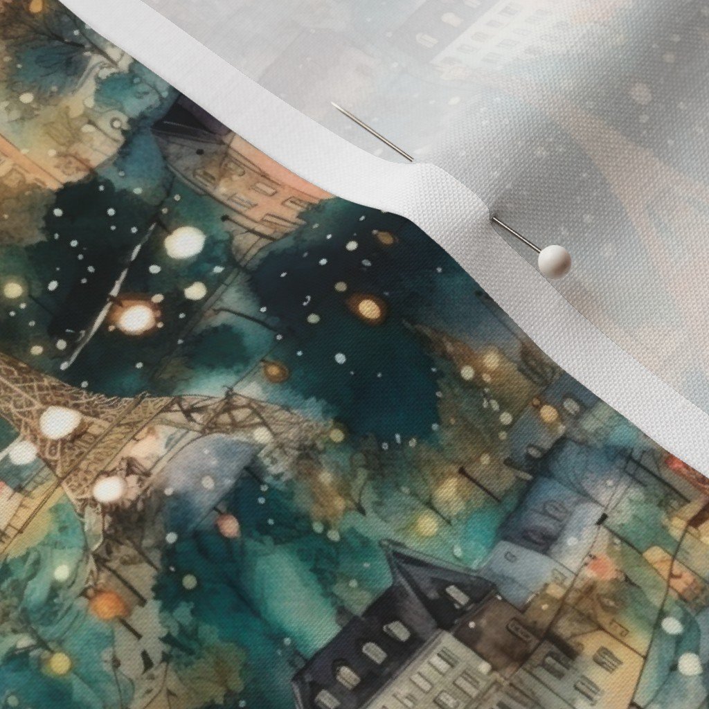 Small Paris City Christmas Street Scene Watercolor Fabric christmas town fabric