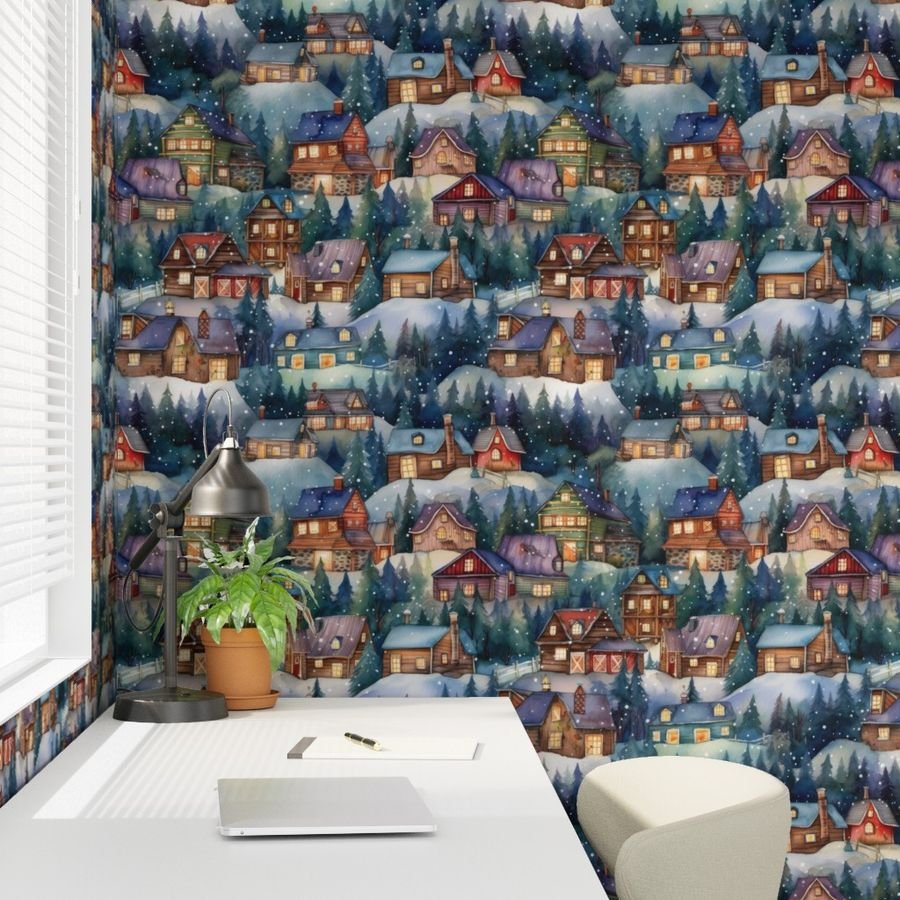 Large Christmas Rustic Country Winter Cabins Watercolor Decor Collection Design Collection christmas cabins wallpaper