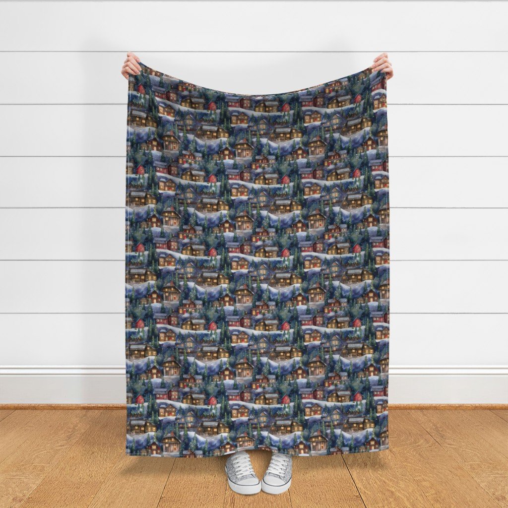 Small Christmas Christmas Rustic Village Winter Cabins Watercolor Fabric christmas village fabric