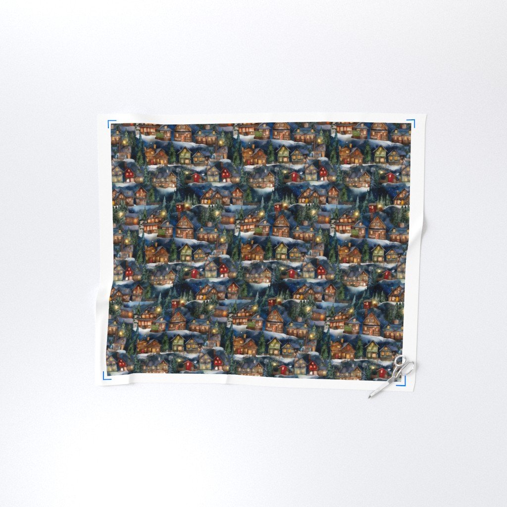 Small Christmas Christmas Rustic Winter Mountainside Cabins Fabric rustic village fabric