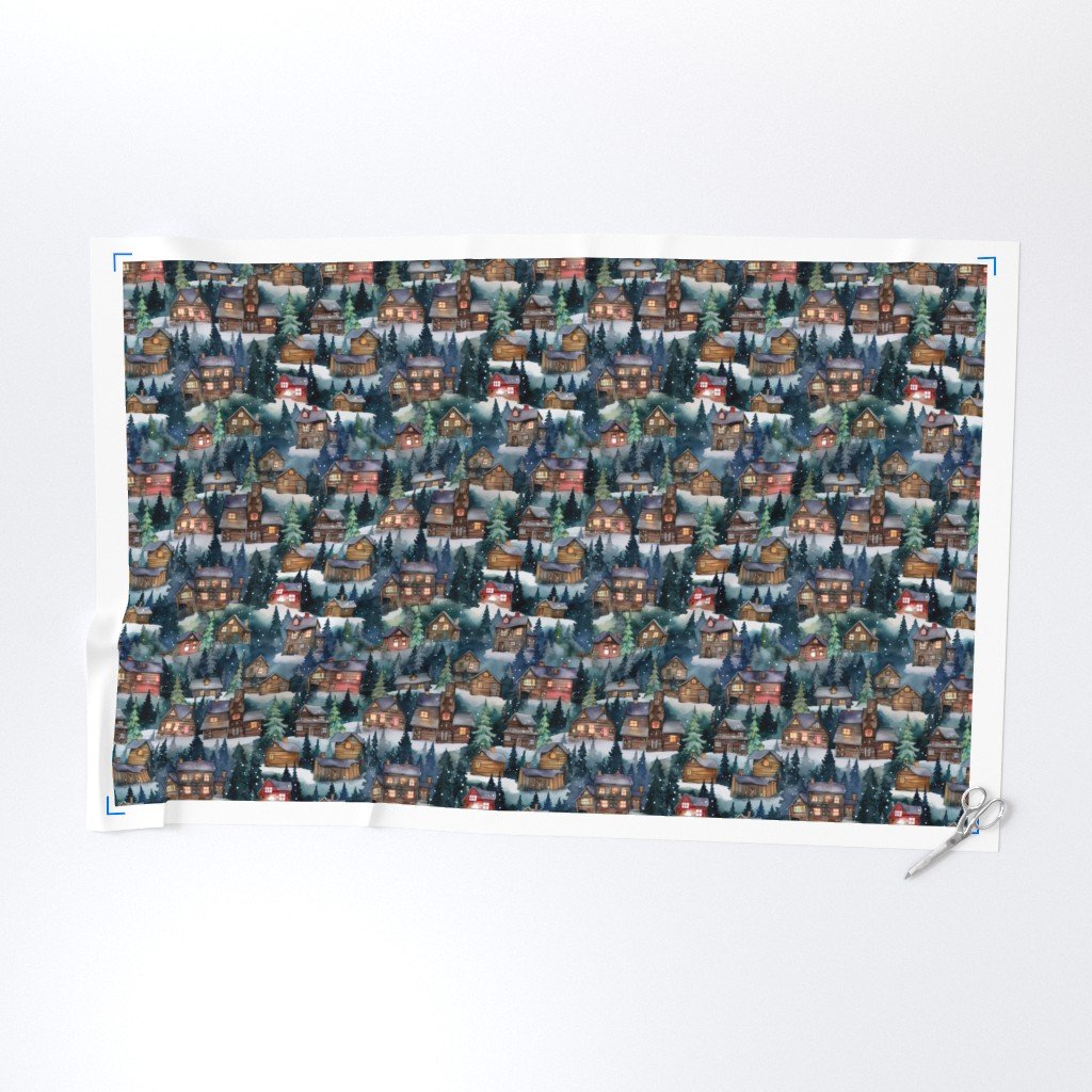 Small Christmas Christmas Rugged Country Winter Cabins Watercolor Fabric rustic village fabric