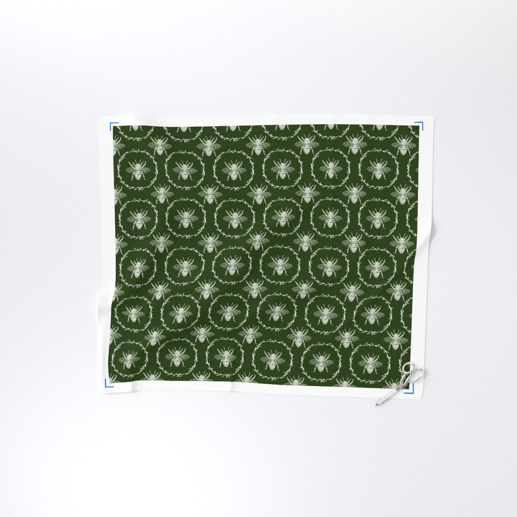 Large French Provincial Bees in Laurel Wreaths in White on Lichen Fabric green bee fabric