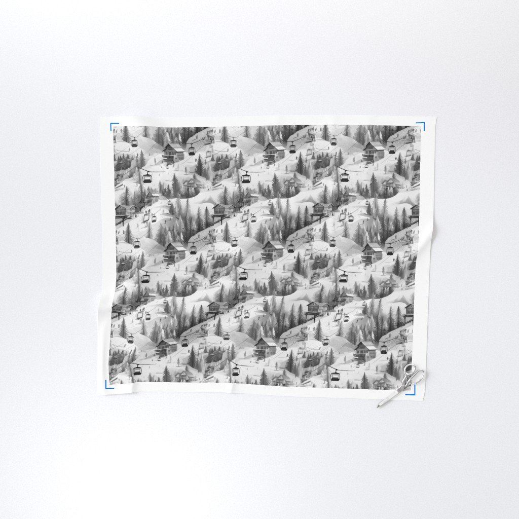 Vintage Ski Slope Cabins in Black and White Fabric cable car fabric
