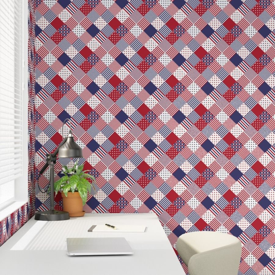 USA Americana Patchwork Red White & Blue Quilt Patterns Decor Collection Interior Collection americana quilt wallpaper