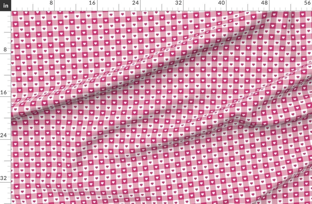 Bubble Gum and White Gingham Valentines Check with Center Heart Fabric design