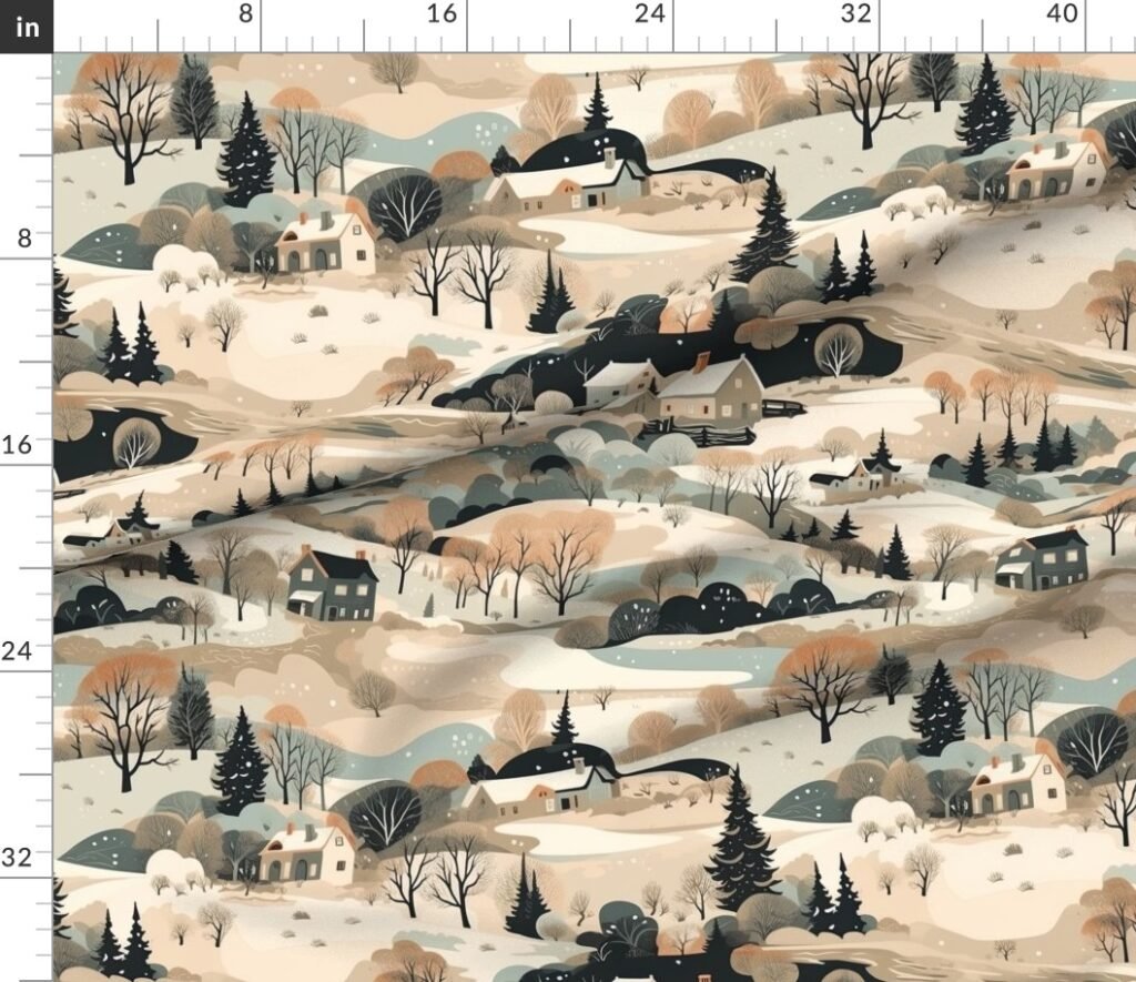 Vintage New England Village Winter Fabric design