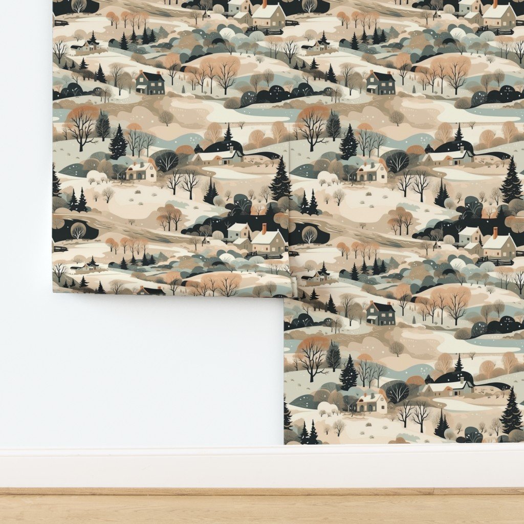 Vintage New England Village Winter Wallpaper design